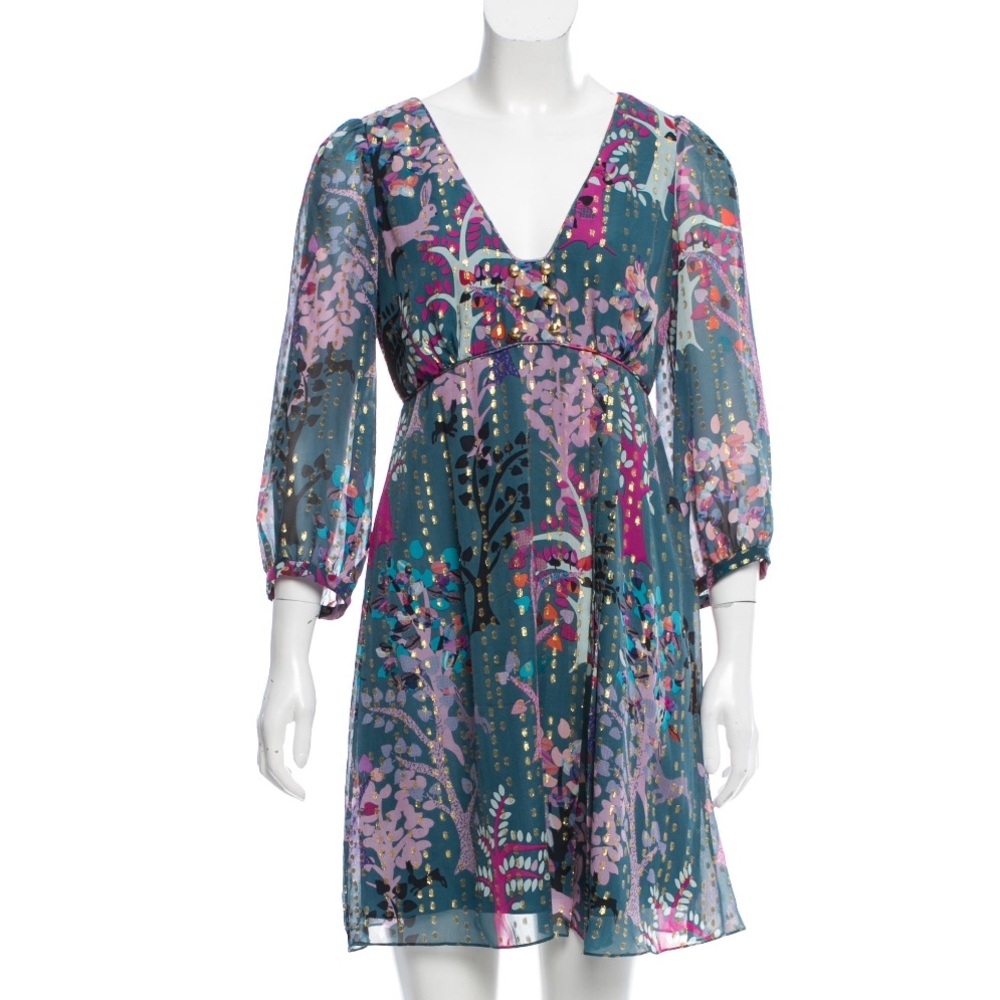 Tibi Teal Floral V-Neck Mini Dress with Pink & Purple Accents